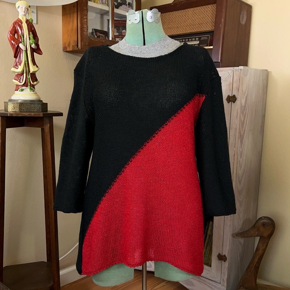Sweaters - Vintage Red and Black Asymmetrical color block Linen Knit Sheer Mesh Top